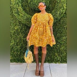 KIKA VARGAS Target Gold  Mum Floral Puff Sleeve Mini Dress Women XXS